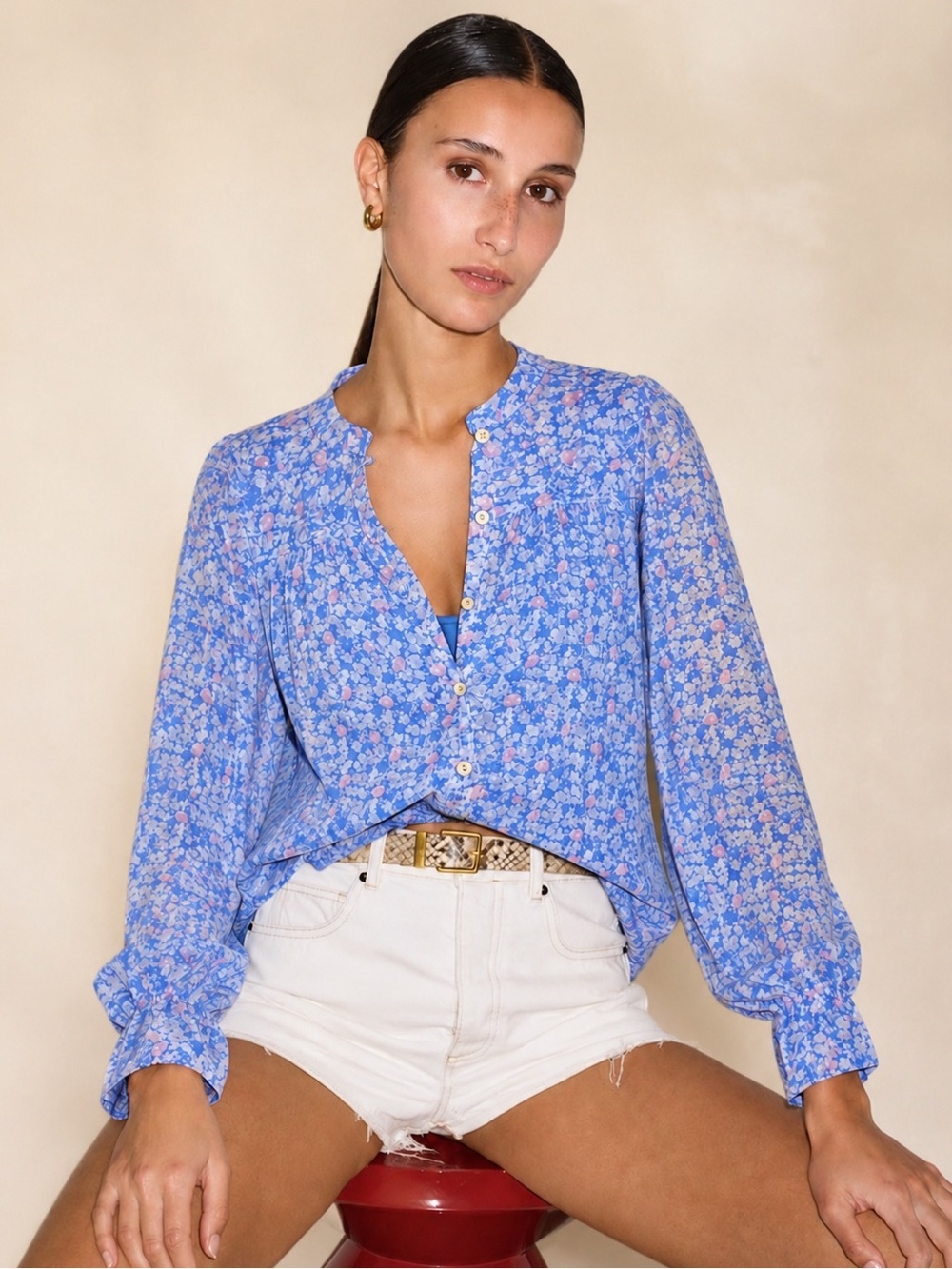 NWOT Aspiga Lightweight Semi-Sheer Blouse & Detachable Cami Floral Blue Small